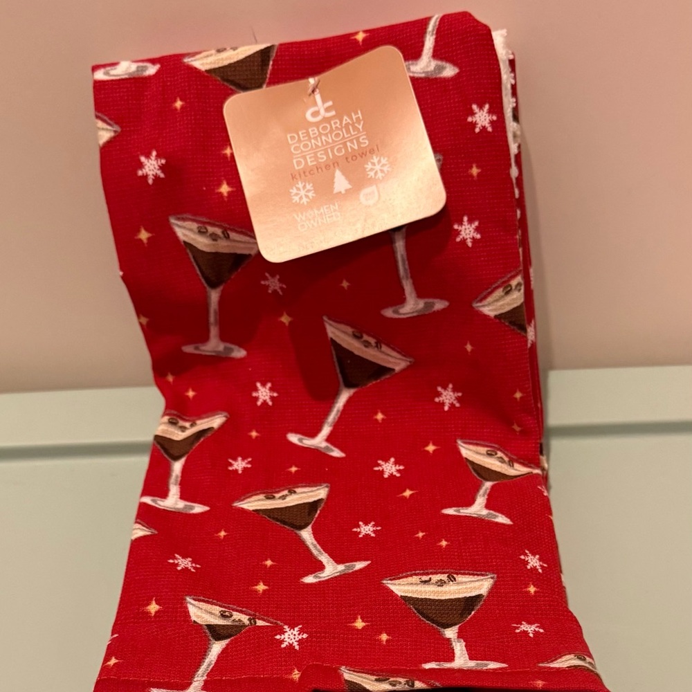 Festive Deborah Connolly Designs Espresso Martini Cocktails Kitchen Towels- NWT